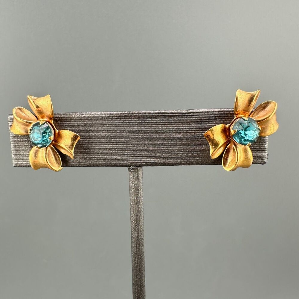 Vintage GF Rhinestone Bow Earrings Aqua Blue Glass Screw Back Signed Bal-Ron